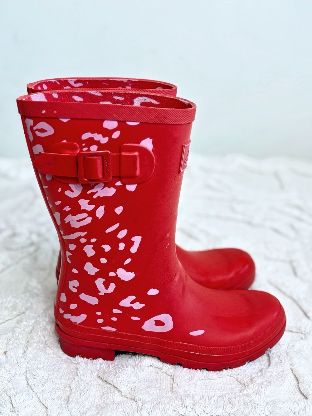 Joules Molly Welly Rain Boots Red Pink Leopard Print US 8 EUC